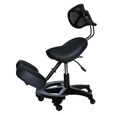 Abbildung von ZZYY Ergonomischer Kniestuhl Mit Rückenstütze, Orthopädischer Rollen, Höhe und Winkel verstellbar, Dickere Leder Haltungsstuhl für Zuhause Büro, Schwarz