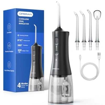 Abbildung von Operan Munddusche Kabellos, Tragbar Elektrische Zahndusche 4 Modi &amp; Düsen, 300ML Oral Irrigator Testsieger für Entfernt Speisereste und Reinigt Die Zähne (Black, 1Pack)