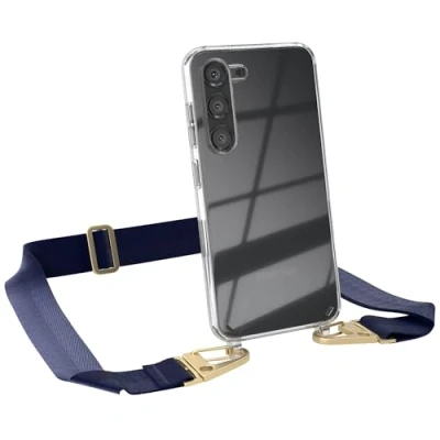 Abbildung von EAZY CASE Hülle mit Band kompatibel Samsung Galaxy S23 Handyhülle Umhängeband für Silikonhülle Transparent Schutzhülle Handykette zum Umhängen Handykordel Smartphone in Blau Gold