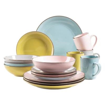 Abbildung von MÄSER 931726 Metallic Rim, Modernes Geschirr Set für 4 Personen mit messingfarbenem Rand, 16 teiliges Kombiservice randlosen Coupe Formen, bunt, Steinzeug