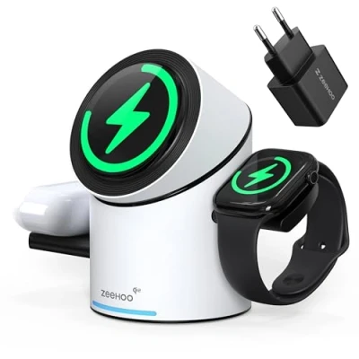 Abbildung von ZEEHOO 3 in 1 Ladestation für Apple Magsafe Ladegerät, 15 W QI 2 Wireless Charger iPhone, AirPods, Weiß (30 Ladeadapter im Lieferumfang enthalten)