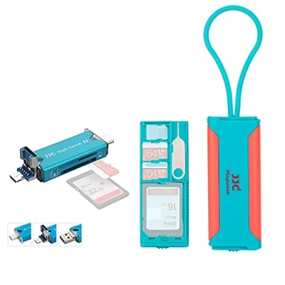 Abbildung von JJC Speicherkarten Hülle mit USB 3.0 Multifunktions Kartenleser, schlank, tragbar, Reisehalter, Aufbewahrung für 1 SD + 2 TF Nano SIM Karte (Blau &amp; Pink)