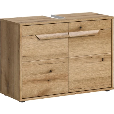 Abbildung von welltime Waschbeckenunterschrank &quot;Kayu, Breite 84 cm, 2 Türen, 1 Einlegeboden&quot;, einzigartiges Griffdesign, Badschrank, Bad Möbel, Badezimmer,