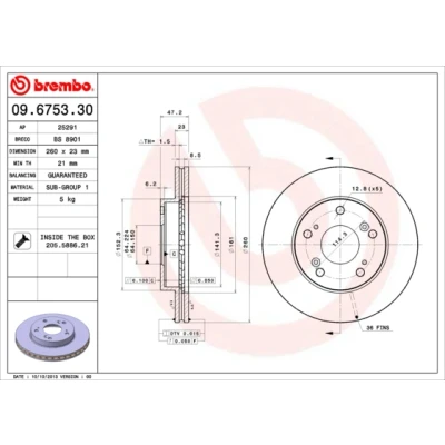 Abbildung von BREMBO 09.6753.30 Bremsscheibe 260 23 5 innenbelüftet mit Schrauben HONDA: CIVIC 7 Hatchback, CR V 1