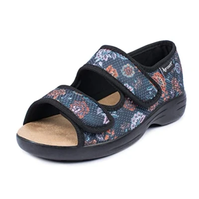 Abbildung von Aerosoft Reha Sandale Stretch 06 Damen Klettverschluss Weite G H rutschhemmend (Anthrazit Blume, numeric_40)