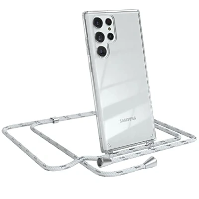 Abbildung von EAZY CASE Handykette kompatibel mit Samsung Galaxy S22 Ultra 5G Handyhülle Umhängeband, Handykordel Schutzhülle, Silikonhülle, Hülle, Stylische Kette für Smartphone, Weiß/Silber