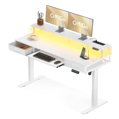 Abbildung von OffiGo Schreibtisch Höhenverstellbar mit Schubladen, 140 cm Elektrischer Tastaturablage, Computertisch Monitorständer, Tisch Steckdosen und Lichtleiste, Weiß