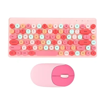 Abbildung von ciciglow Bunte Tastatur und Maus Kombination, 2,4 G USB 86 Tasten, Retro, Rund, Süße Tastenkappe, 1200 DPI, Kabelloses Set für Computer, Laptop, PC Desktops, Mac(Rosa)