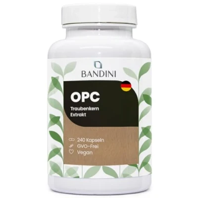 Abbildung von Bandini® OPC Traubenkernextrakt 240 Kapseln 1076mg je Dosis Höchster Traubenkern Extrakt Gehalt nach HPLC, 95% Kapsel 1052mg aus italienischen Weintrauben mit 999,4mg + 24mg Vit C