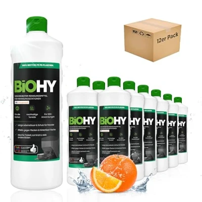 Abbildung von BiOHY Wischroboter Reinigungsmittel für Reinigungsstationen mit Orangenduft (12 x 1 Liter) Verlängert die Lebensdauer der Absaugstation Schaumarmes Bodenreiniger Konzentrat