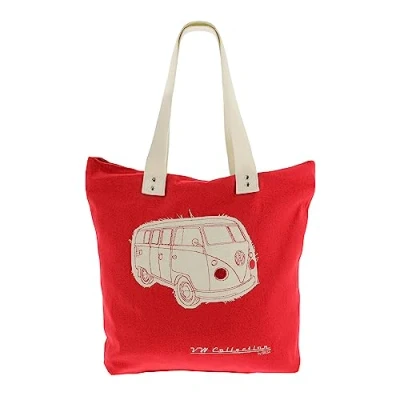 Abbildung von BRISA VW Collection Volkswagen Wiederverwendbare Canvas Einkaufs Tüte Strand Tasche mit T1 Bulli Bus Motive (Silhouette/Rot)