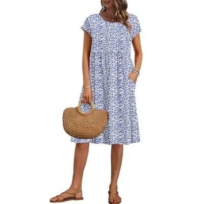 Abbildung von AUSELILY Damen Kurzarm Knielange Sommerkleider Sommer Lockeres Freizeitkleider Empire Kleider mit Taschen Kleine Blaue Blumen L