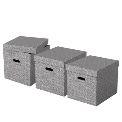 Abbildung von Esselte 3er Set große würfelförmige Aufbewahrungsboxen mit Deckel, Schachteln für Wohnung/Büro &amp; Organisationszwecke, 100% recycelter Karton, recycelbar, geometrische Designs, Grau, 628289