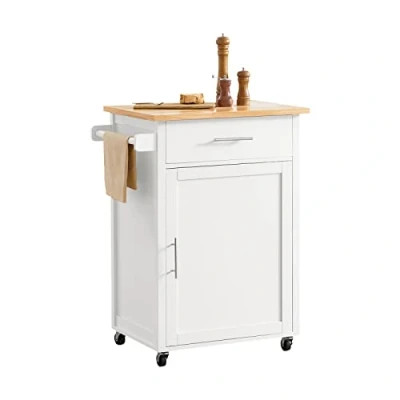 Abbildung von SoBuy FKW102 WN Küchenwagen mit Arbeitsplatte Servierwagen Beistellwagen Rollwagen Tür und Schublade Getränkewagen fürs Büro weiß Natur BHT ca.: 68x90x46cm