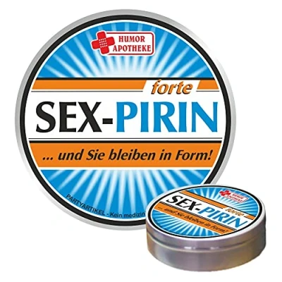 Abbildung von Pfefferminz Bonbon Metalldose Sexpirin, und Sie bleiben in Form Soforthilfe Humorapotheke Spaßmedizin Humormedizin Pfefferminzdragees Dose Blechdose Pillendose