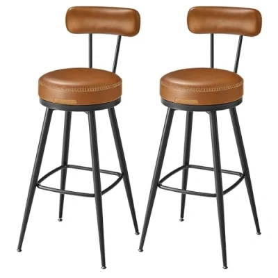 Abbildung von VASAGLE EKHO Kollektion 360 drehbarer Barhocker, 2er Set, Hocker mit Rückenlehne für Bartisch, Kunstleder Nähten, Mid Century Modern Stil, 76 cm hoch, Küche, Hausbar, karamellbraun LBC889K01