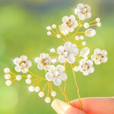 Abbildung von Fairvir Brautschmuck Hochzeit Haarnadeln Blume Silber Strass Braut Perle Haarnadel Haarschmuck für Frauen und Mädchen (2 Stück) (Gold)