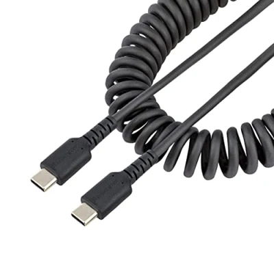 Abbildung von StarTech.com 50cm USB C auf Kabel, hochbelastbares Spiralkabel zum Laden und Synchronisieren, 2.0 robuste Aramidfaser, Schnellladekabel mit EMI Schutz, schwarz (R2CCC 50C CABLE)