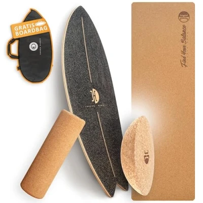 Abbildung von JUCKER HAWAII Balance Board Ocean Rocker Black Balanceboard aus 100% Echtholz mit Korkhalbkugel, Korkrolle und Matte Gleichgewichtstrainer für Kinder Erwachsene Surf