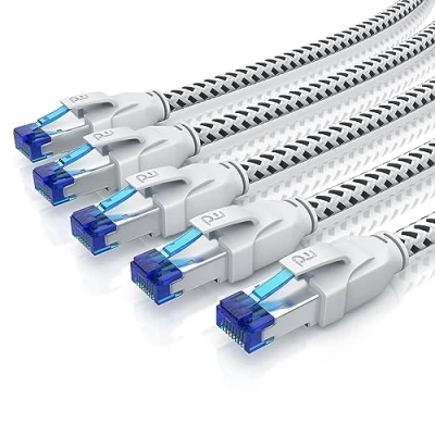 Abbildung von CSL 5 x 0,25m 25cm CAT 8.1 Netzwerkkabel 40 Gbits, Baumwollmantel LAN Kabel Patchkabel Datenkabel RJ45, 8 Gigabit Ethernet Cable, 40000 Mbits Geschwindigkeit, S/FTP PIMF Schirmung, weiß