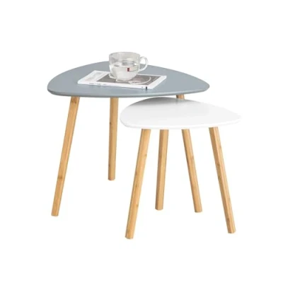 Abbildung von SoBuy 2er Set Beistelltisch mit Ablagen Couchtisch Sofatisch Kaffeetisch Satztisch fürs Wohnzimmer Bambus Hellgrau Weiß FBT74 HG