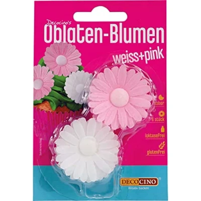 Abbildung von DECOCINO Oblaten Blumen in Pink &amp; Weiß, mit 3D Effekt (1 x 6 Stk.) essbare für Hochzeits Geburtstags Deko auf Torten, Kuchen, Cup Cakes uvm!