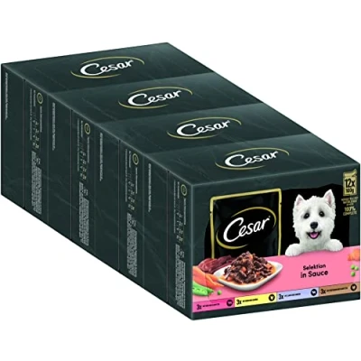 Abbildung von Cesar Adult Hundenassfutter Selektion in Sauce, 48 Portionsbeutel, 12x100g (4er Pack) Ausgewogenes Premium Hundefutter nass, Auswahl mit Rind, Huhn, Lamm und Truthahn