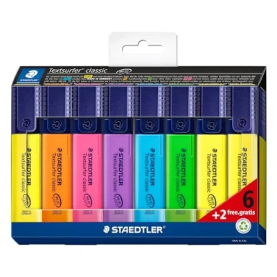 Abbildung von STAEDTLER Textsurfer classic 364 Textmarker, lange Markierleistung, sekundenschnell trocken, Kartonetui mit 8 Textsurfern in sortierten Farben, Promotion 6+2, A C8