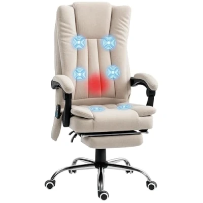 Abbildung von Vinsetto Bürostuhl mit Massagefunktion, Ergonomischer Schreibtischstuhl Liegefunktion, Heizfunktion, Höhenverstellbarer Drehstuhl Fußstütze, Seitentasche, Cremeweiß