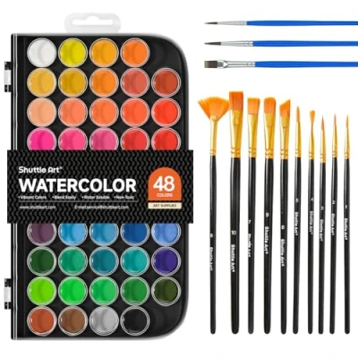 Abbildung von Shuttle Art 58 Pack Wasserfarben, 48 Farben Aquarellfarben Kasten mit 13 Pinseln, Aquarellfarben, für Kinder, Erwachsene und Anfänger in der Schule zu Hause geeignet