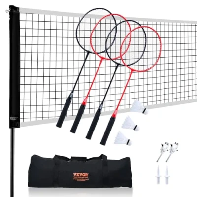 Abbildung von VEVOR Badmintonnetz Set, für den Außenbereich im Hinterhof, Strandpark, Erwachsene &amp; Kinder mit Stangen, Tragetasche, 4 Eisenschlägern 3 Nylon Federbällen