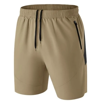 Abbildung von Herren Sport Shorts Kurze Hose Schnell Trocknend Sporthose Leicht mit Reißverschlusstasche(Khaki,EU 3XL/US 2XL)