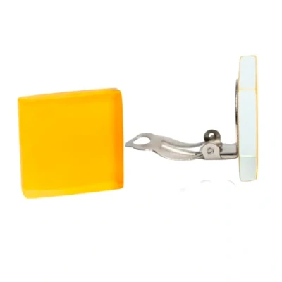 Abbildung von Statement Ohrclips Damen ohne Ohrlöcher Quadratische Clip Ohrringe in warmem gelb Handmade Edelstahl Schmuck aus Glas 20x20x3 mm