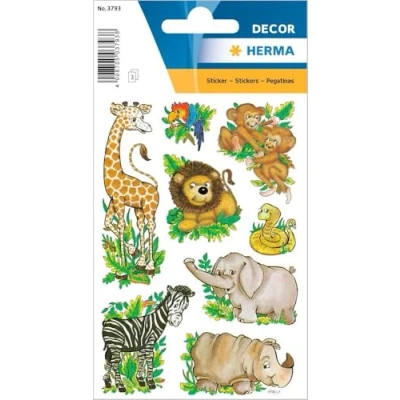 Abbildung von HERMA 3793 Aufkleber Dschungeltiere klein groß, 24 Stück, Tiere Sticker mit Zebra Löwe Giraffe Affe Elefant Motiv, Kinder Etiketten für Fotoalbum Tagebuch Scrapbooking Geburtstag Deko DIY Basteln