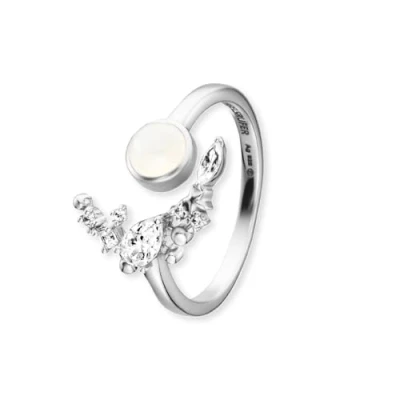 Abbildung von Engelsrufer Damen Ring offen mit Mondstein aus Sterling Silber besetzt 7 Zirkonia Steinen größenverstellbar nickelfrei