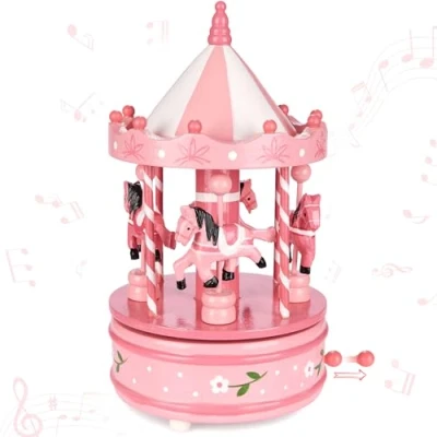 Abbildung von BRUBAKER Spieluhr aus Holz Nostalgisches Karussell mit Pferden Melodie: Jingle Bells 24 cm Spieldose Dekoration für Weihnachten Weihnachtsdeko Musik Box Rosa