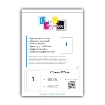 Abbildung von 50 Bogen DIN A4 zu je 1 Etikett (210 x 297 mm)= bedruckbare Etiketten, permanent haftend, mattweiß. Kompatibel mit allen gängigen Drucksystemen und Softwareprogrammen Grammatur 70gr/m2