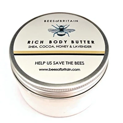 Abbildung von 99% Natürliche KÖRPERBUTTER HONIG &amp; LAVENDEL 100 g von BEES of BRITAIN. Kakao und Sheabutter Beruhigen Sie Trockene Haut. pH 5.5. Wir Spenden 5% Unseres Gewinns, um Bienen Bestäuber zu Retten.