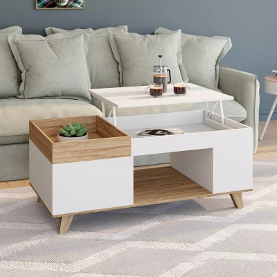 Abbildung von IDMarket Rechteckiger Couchtisch, hochklappbare Platte und abnehmbare mit Truhe Lola, Holz Weiß