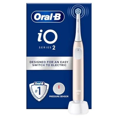 Abbildung von Oral B iO 2 elektrische Zahnbürste, Hellrosa, für Erwachsene, 3 Reinigungsmodi, sanft das Zahnfleisch, weiche Bürste, Zubehör, Ersatzbürste, Ladegerät