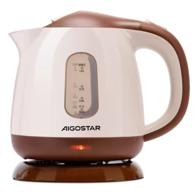 Abbildung von Aigostar Romeo Mini Wasserkocher 1 Liter, 1100 Watt, Kompakter Reisewasserkocher, Kompaktkessel, Klein, Abschaltautomatik mit Trockenschutz, Leise, BPA frei, Braun.