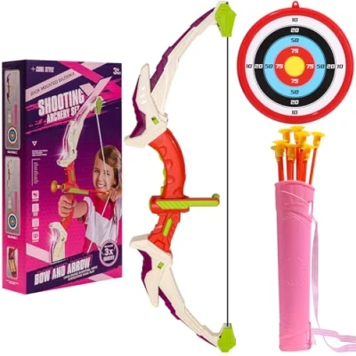 Abbildung von Beleuchtetes Bogenschießset für Kinder, Pfeil und Bogen Spielzeug Set mit LED Leuchten Kinder von 4 12 Jahren, 10 Saugnapfpfeilen, Zielscheibe Köcher Jungen Mädchen (Pink)
