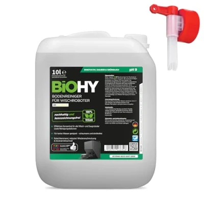 Abbildung von BiOHY Bodenreiniger für Wischroboter Station mit Frischeduft (10 Liter Kanister) + Auslaufhahn Reinigungsmittel Konzentrat alle Wisch &amp; Saugroboter Nass Funktion Schaumarm Streifenfrei