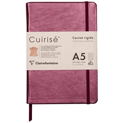 Abbildung von Clairefontaine 400100C Notizbuch (mit Perlmutt Effekt mit festem Deckel aus Leder, DIN A5, 14,8 x 21cm, 72 Blatt, blanko, Gummizugverschluß, Lesezeichen) 1 Stück kirschrot