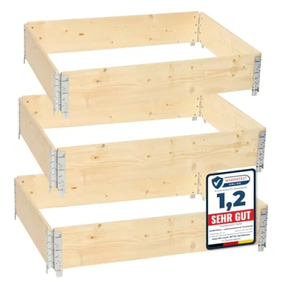 Abbildung von Garronda naturbelassene Hochbeete für Garten Palettenrahmen 120x80x20 cm Hochbeet Holz 3 Stück steckbar stapelbar faltbar Pflanzen Blumen Kräuter Obst und Gemüse GD 0075