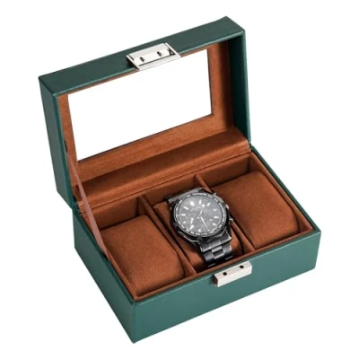 Abbildung von ProCase Uhrenbox mit 3 Fächern, Uhrenkasten Glasdeckel, Uhrenkoffer Uhrenkissen, Uhrenaufbewahrung, Premium Uhrenschatulle, PU Leder Uhrenkasten, Watch Box für Herren Fächer, Grün