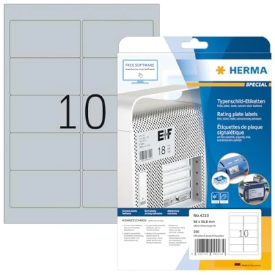 Abbildung von HERMA 4223 Typenschild Folien Etiketten silber, 25 Blatt, 96 x 50,8 mm, 10 pro A4 Bogen, 250 Stück, selbstklebend, bedruckbar, wetterfest, blanko Klebeetiketten Aufkleber aus Folie
