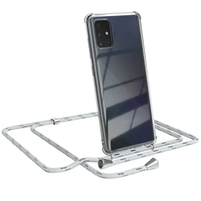 Abbildung von EAZY CASE Handykette kompatibel mit Samsung Galaxy A71 Handyhülle Umhängeband, Handykordel Schutzhülle, Silikonhülle, Hülle Band, Stylische Kette für Smartphone, Weiß/Silber