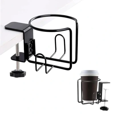 Abbildung von Becherhalter Schreibtisch Flaschenhalter Getränkehalter Tisch Universal Auslaufsicheres Ring Getraenkehalter Klemme Einstellbar Trinkbecherhalter Clip Edelstahl für Zuhause, 1 Stück