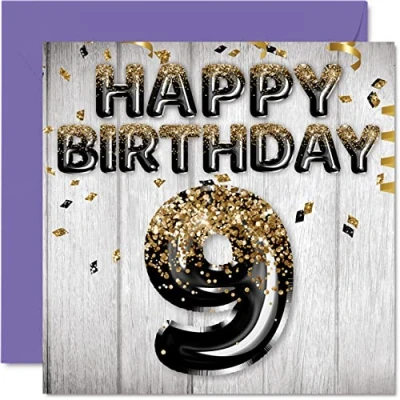 Abbildung von Geburtstagskarte zum 9. Geburtstag für Jungen schwarze und goldene Glitzerballons Happy Birthday Karten 9 Jahre alten Sohn Bruder Enkel Cousin, 145 mm x Grußkarten Geschenk